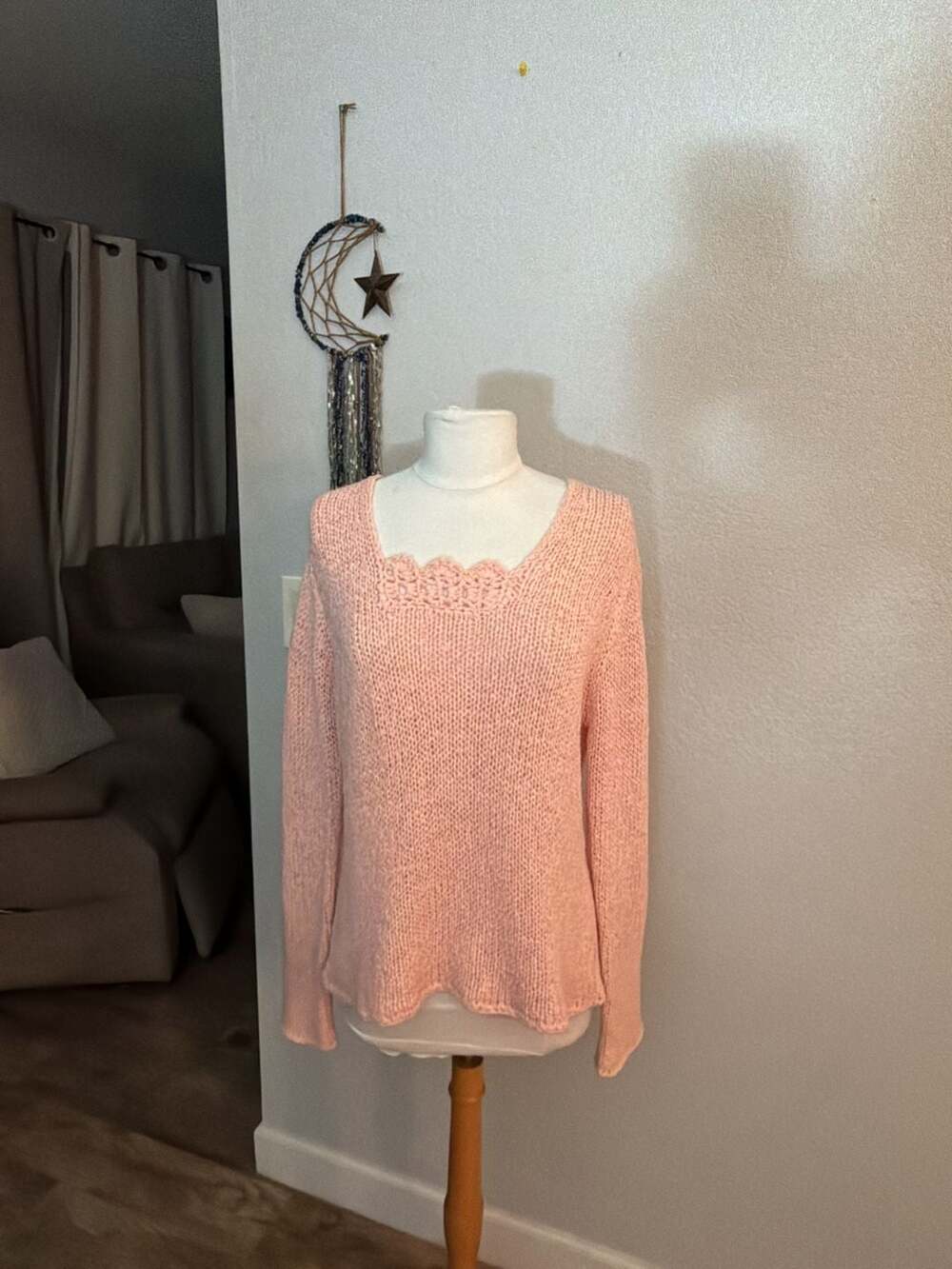 Peck & Peck Weekend Pink Crochet-Neck Knit Long Sleeve Sweater